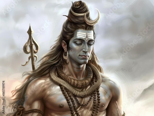 A man with long hair and a turban is holding a staff and wearing a necklace, Indian god in Hinduism in India
