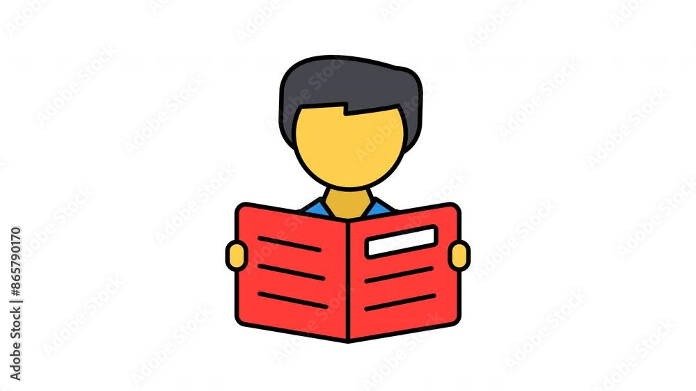 Animated reading filled line icon on transparent background, school and education animation, 4k video motion graphic with alpha channel, use for web design, mobile apps, ui design