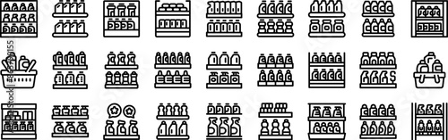 Shelves household chemicals icons set. Set of icons featuring supermarket shelves stocked with various cleaning products and food items