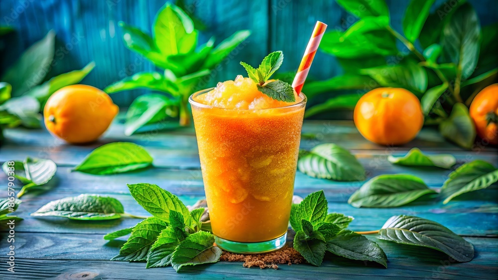 Fototapeta premium Vibrant orange and green hues of refreshing summer slush against a bright blue background, surrounded by lush green leaves.