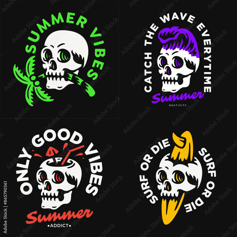Colorful skull set design, exceptional surf and summer vacation days theme (Pixel perfect project for t-shirt, mug and sticker printing) Colorful skull set design, exceptional surf and summer vacation days theme (Pixel perfect project for t-shirt, mug and sticker printing)