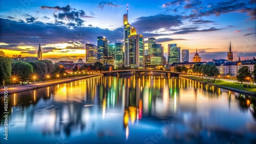 Illuminated Frankfurt skyline at night, featuring majestic European Central Bank building, gleaming skyscrapers, and tranquil Main River reflection. © DigitalArt Max