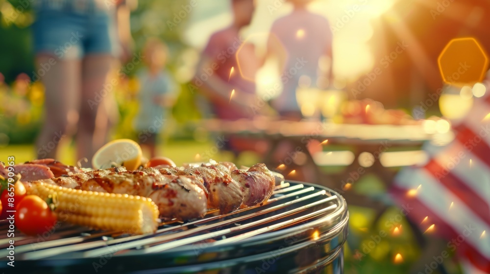 A group of people are gathered around a grill, cooking food, holiday with family and friends concept A group of people are gathered around a grill, cooking food, holiday with family and friends concept