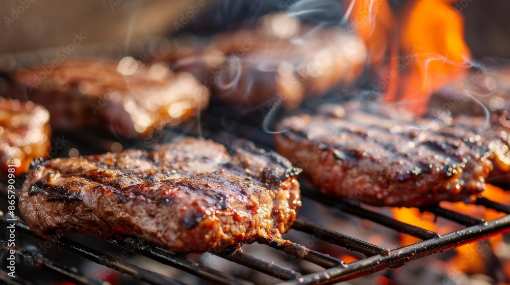 A grill with three pieces of meat on it, one of which is a burger, holiday with family and friends concept A grill with three pieces of meat on it, one of which is a burger, holiday with family and friends concept