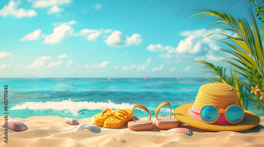 Hats, slippers, sunglasses on the beach in summer Hats, slippers, sunglasses on the beach in summer
