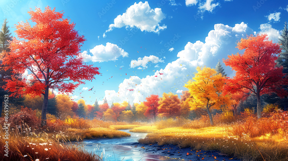 illustration art field and tree in the autumn style cartoon