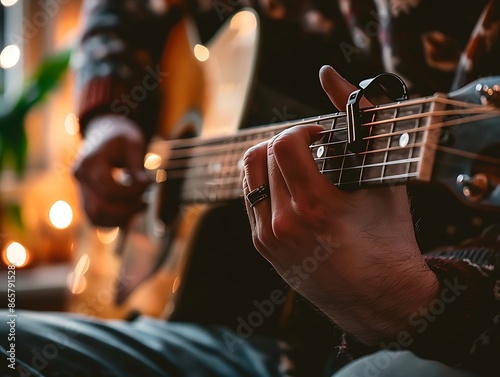 A semi-close-up of a musician playing an acoustic guitar in a cozy living room, highlighting the guitar strings and the musician's hands, ample copy space for text, sharp focus, and clear light, high