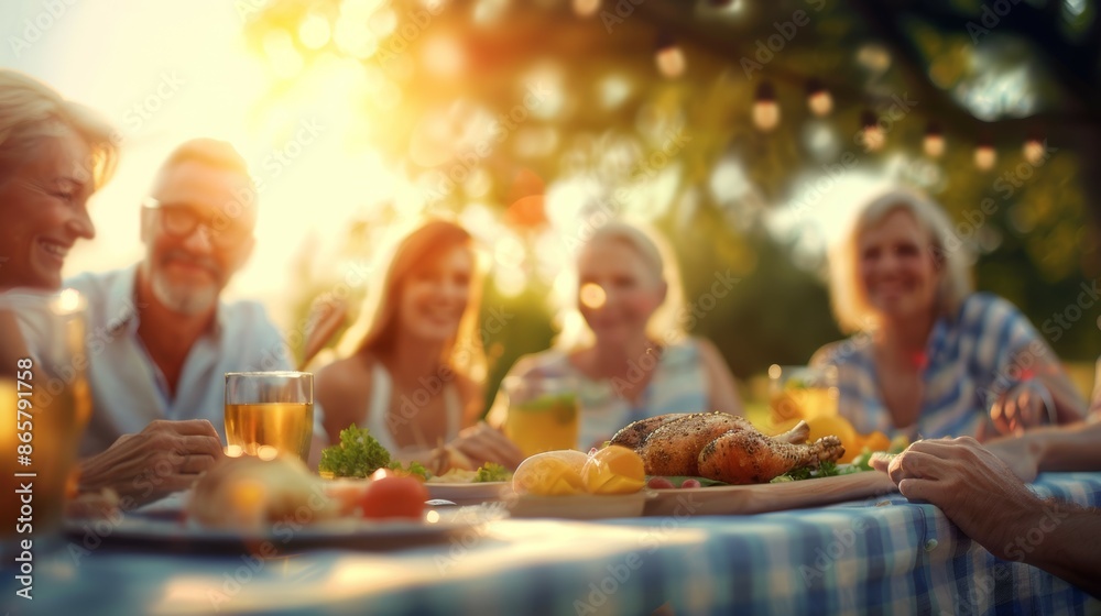 A group of people are sitting around a table with food and drinks, holiday with family and friends concept A group of people are sitting around a table with food and drinks, holiday with family and friends concept