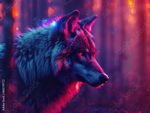 A majestic wolf illuminated by vibrant neon lights, set against an enchanted forest backdrop, exuding mystery and wild beauty. photo