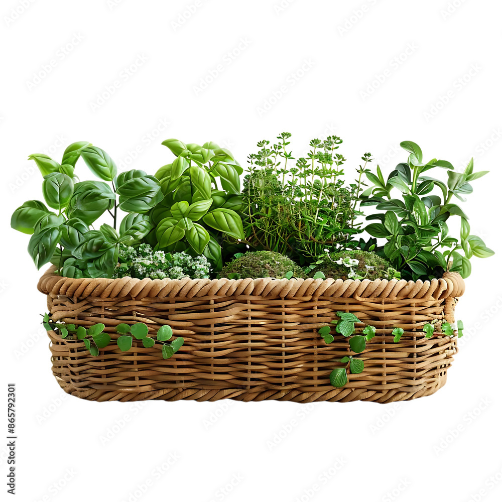 Wicker Basket with Fresh Herbs: Basil, Thyme, Oregano Wicker Basket with Fresh Herbs: Basil, Thyme, Oregano