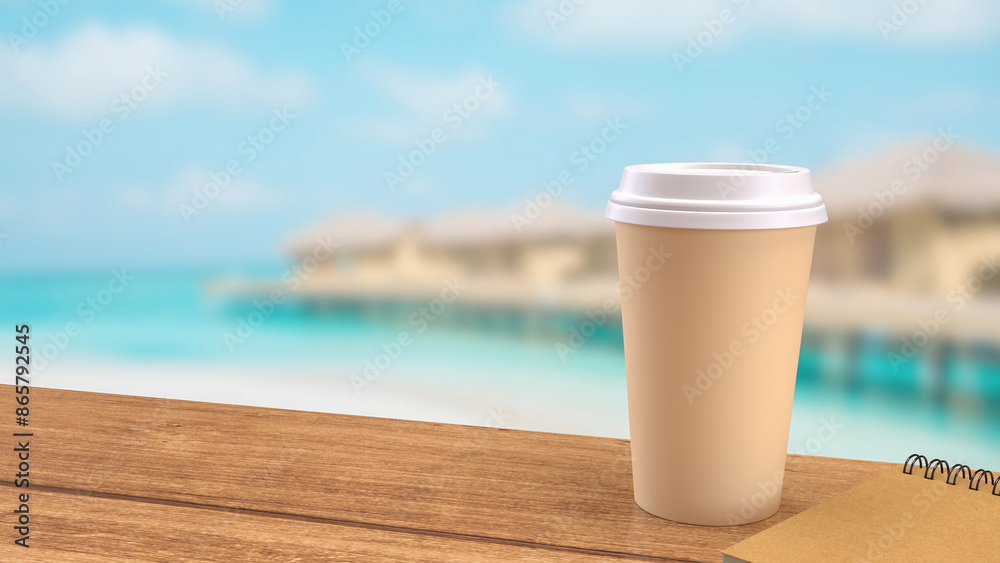 The coffee cup on wood table for drink or travel concept 3d rendering. The coffee cup on wood table for drink or travel concept 3d rendering.