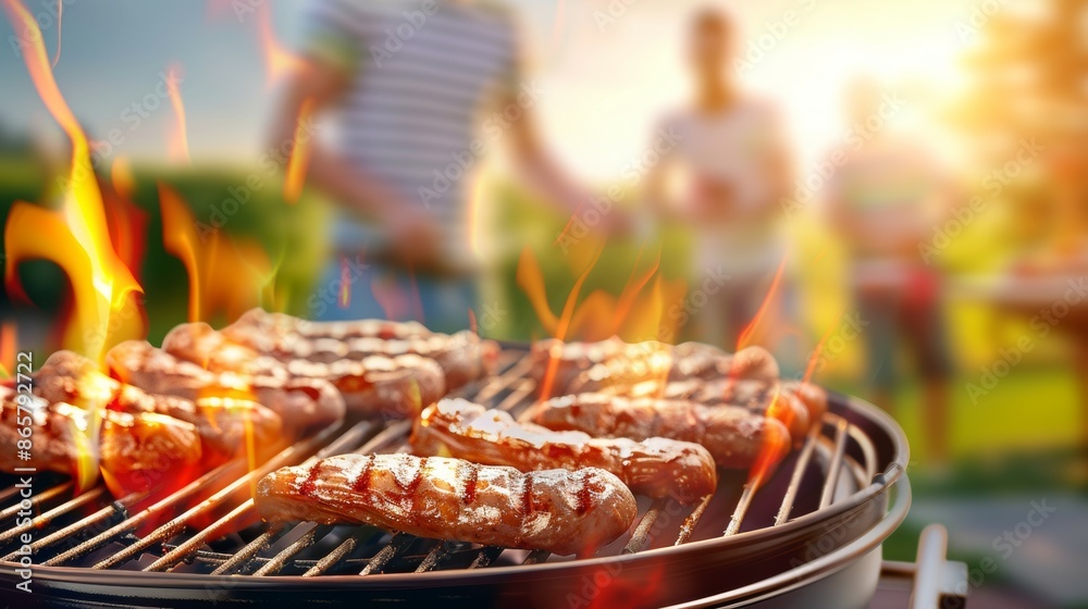 A man grills meat on a barbecue grill, holiday with family and friends concept A man grills meat on a barbecue grill, holiday with family and friends concept