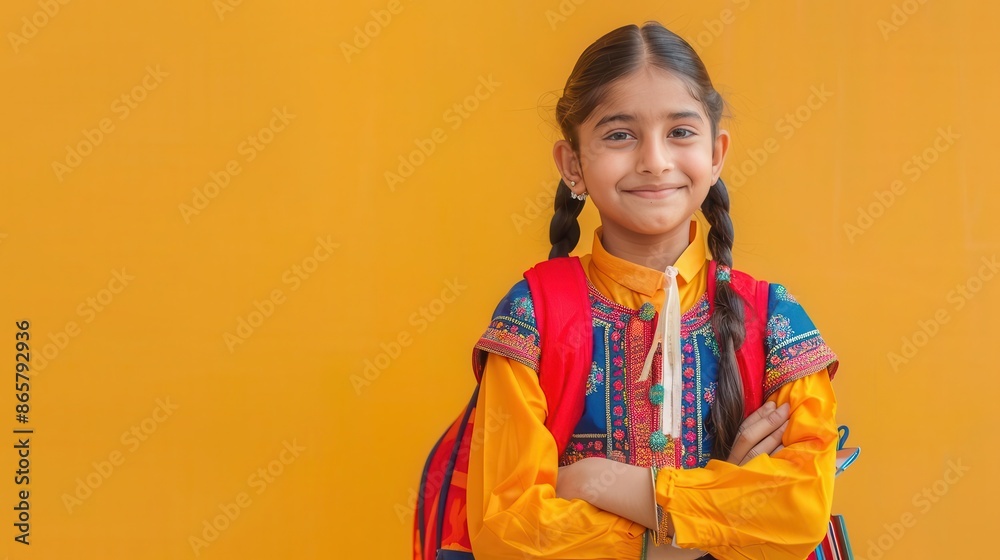 cheerful young indian student in colorful traditional attire stands confidently against vibrant background backpack and school supplies suggest excitement for education and learning cheerful young indian student in colorful traditional attire stands confidently against vibrant background backpack and school supplies suggest excitement for education and learning