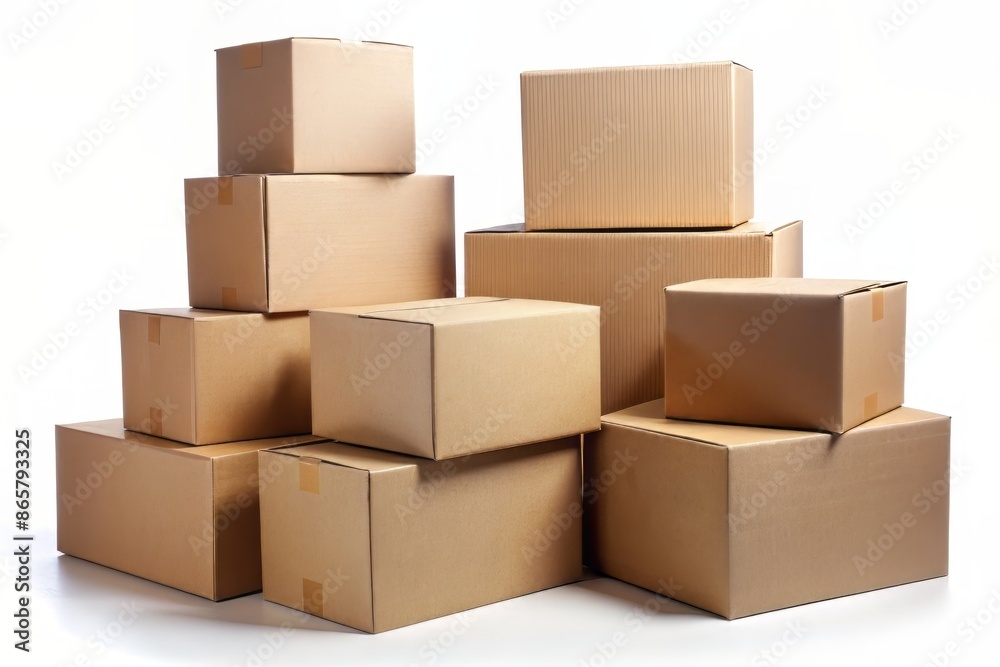 Stack of empty brown cardboard boxes of various sizes on a plain white background, with creases and folds, ready for moving or storage. Stack of empty brown cardboard boxes of various sizes on a plain white background, with creases and folds, ready for moving or storage.