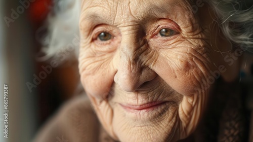 compassionate portrait of elderly woman soft natural light gentle smile wisdom in eyes nurturing nursing home environment