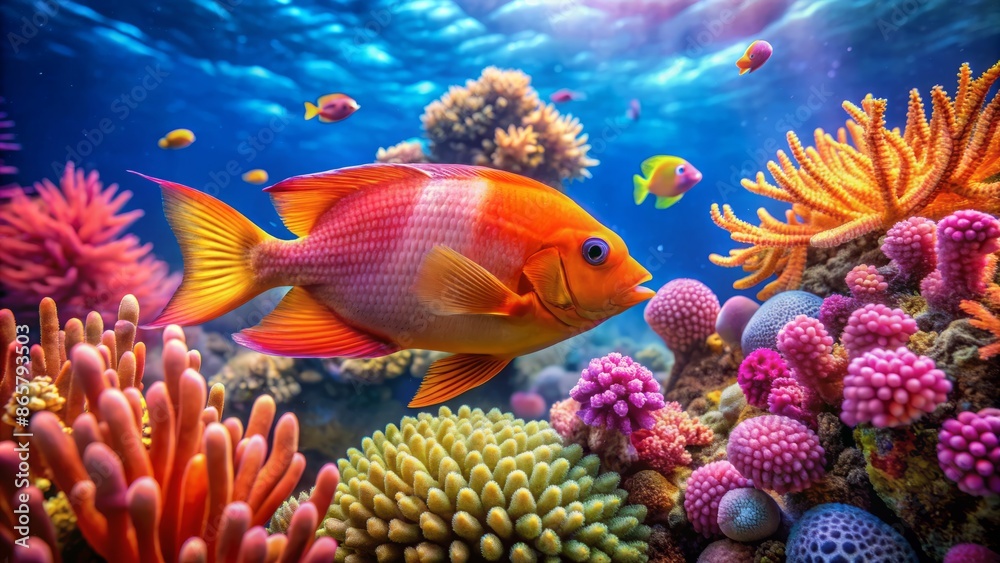 Vibrant orange and pink fish swims serenely between vibrant coral formations, showcasing stunning marine life in a tranquil ocean setting. Vibrant orange and pink fish swims serenely between vibrant coral formations, showcasing stunning marine life in a tranquil ocean setting.