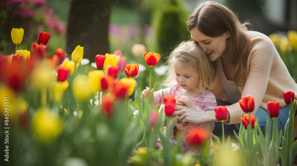 Little daughter hugging her mother and gives her a bouquet of flowers tulips at park. Happy Mother's day concept. copy space for text. Little daughter hugging her mother and gives her a bouquet of flowers tulips at park. Happy Mother's day concept. copy space for text.