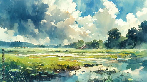 梅雨の時期の日本の田舎の水彩イラスト風景