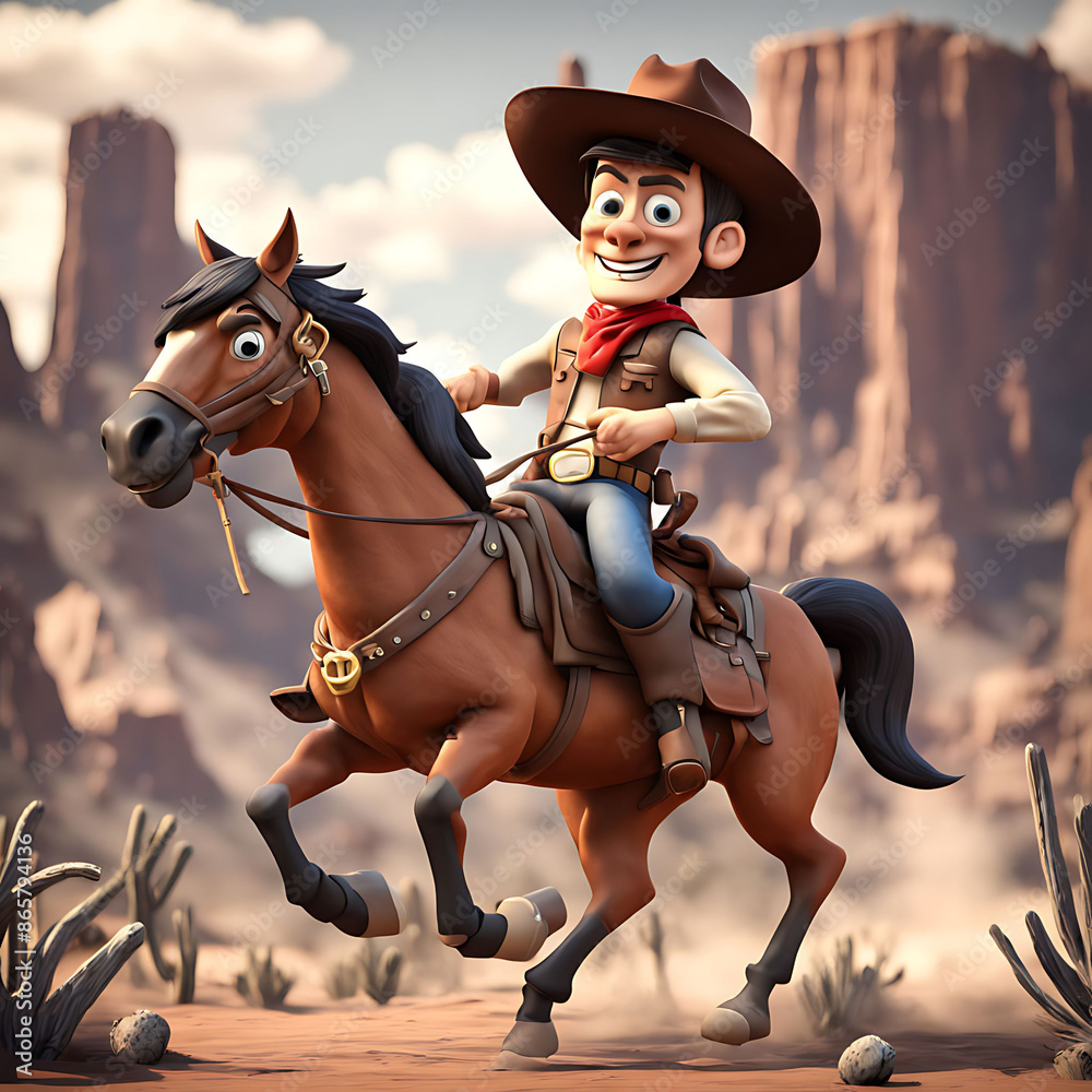A 3D cartoon cowboy riding a horse in the Wild West A 3D cartoon cowboy riding a horse in the Wild West