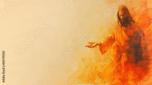 Orange watercolor painting of Jesus Christ reach out hand welcoming his people
