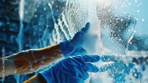 dynamic action shot of a window cleaner in blue gloves captured midmotion as they wipe a gleaming glass surface reflections and soap suds create interesting patterns and textures photo