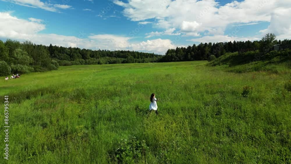 Top down view happy freedom young girl walking through green field dancing enjoying time in the countryside - aerial drone video Top down view happy freedom young girl walking through green field dancing enjoying time in the countryside - aerial drone video