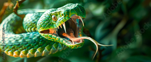 Close up of a fierce and aggressive green viper snake with an open mouth baring its sharp fangs and bifurcated tongue in the lush jungle foliage  The reptile s predatory instincts are on full display photo