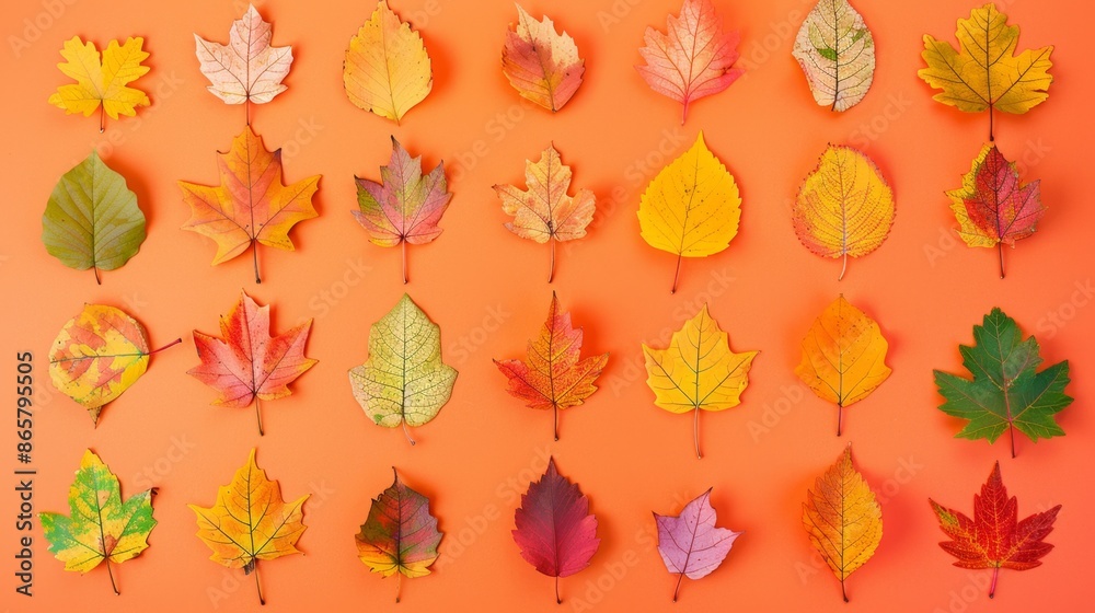 Fototapeta premium A collection of colorful autumn leaves, against a vibrant orange background.