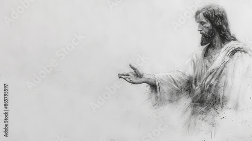 Pencil sketch of Jesus Christ reach out hand welcoming his people