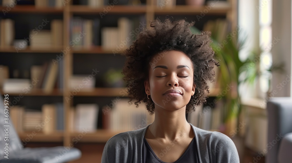 A woman is sitting on a couch with her eyes closed. Generate AI image A woman is sitting on a couch with her eyes closed. Generate AI image