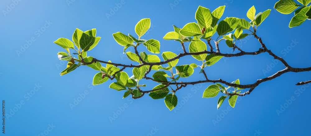 Tree branch with foliage against bright blue sky. Summer backdrop with room for text Tree branch with foliage against bright blue sky. Summer backdrop with room for text