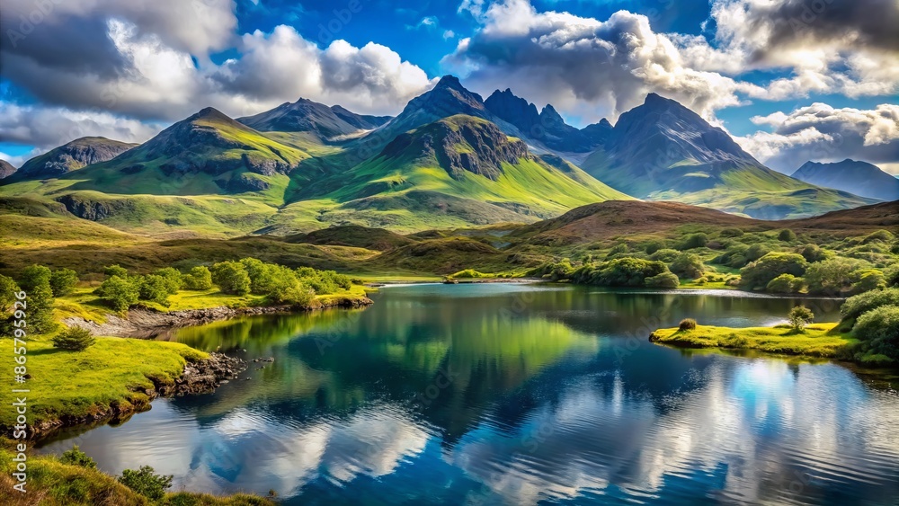 Obraz premium Majestic rugged Cuillin Mountains towering above serene turquoise loch waters and lush green rolling hills at Sligachan Isle of Skye Scotland.