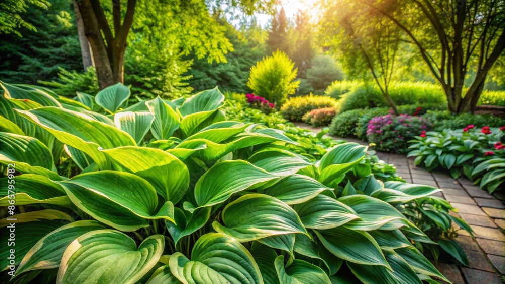 Serene garden scene features majestic hosta leaves swaying gently in the breeze, surrounded by lush greenery and vibrant natural beauty. Serene garden scene features majestic hosta leaves swaying gently in the breeze, surrounded by lush greenery and vibrant natural beauty.