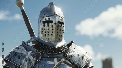 A knight in shining armor stands tall against a backdrop of a blue sky with white clouds.