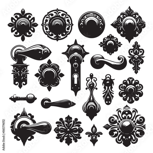 Silhouettes of doorknob and handles of the door 2, vector