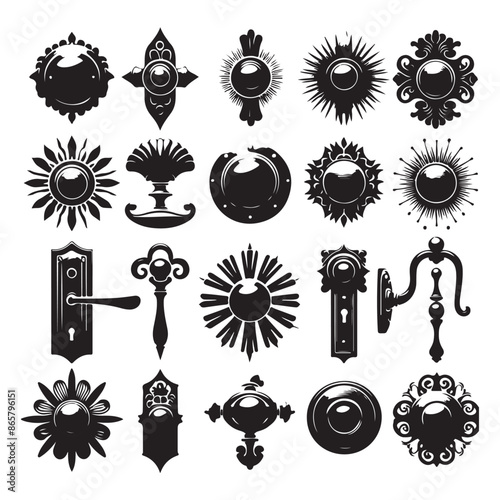 Silhouettes of doorknob and handles of the door 2, vector