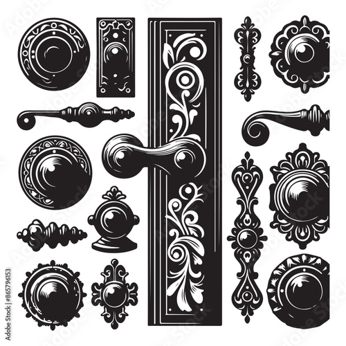 Silhouettes of doorknob and handles of the door 2, vector