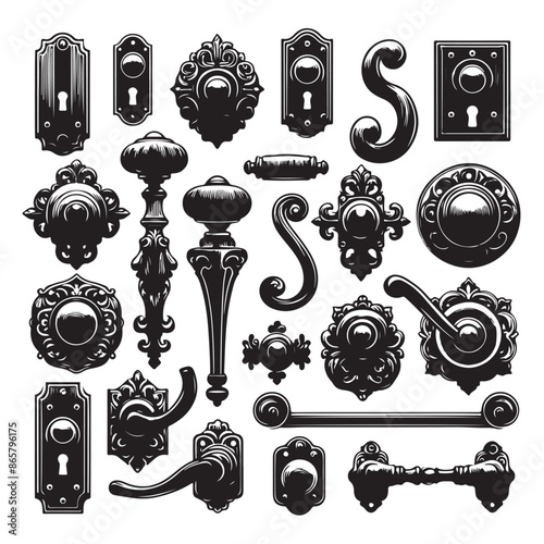 Silhouettes of doorknob and handles of the door 2, vector