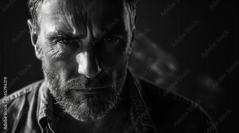 enigmatic black and white portrait of a charismatic man intense gaze piercing through the frame sharp features accentuated by dramatic lighting and shadow play enigmatic black and white portrait of a charismatic man intense gaze piercing through the frame sharp features accentuated by dramatic lighting and shadow play
