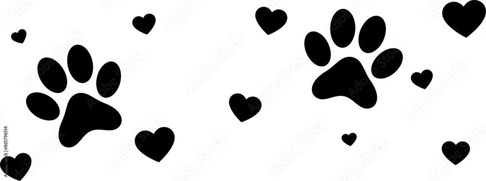 Seamless pattern of black hearts and pet paw silhouette print. Abstract animal wallpaper and fabric design and decor. Illustration isolated on white background. Vector Seamless pattern of black hearts and pet paw silhouette print. Abstract animal wallpaper and fabric design and decor. Illustration isolated on white background. Vector