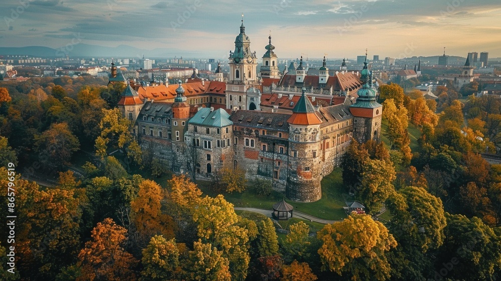 Drone view of the majestic Wawel Castle in Krakow surrounded by lush greenery