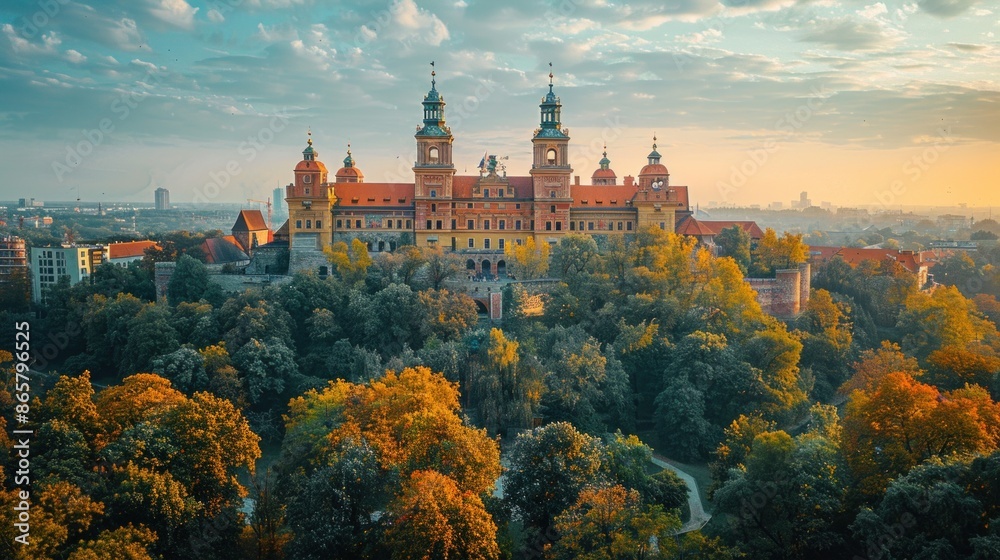 Drone view of the majestic Wawel Castle in Krakow surrounded by lush greenery Drone view of the majestic Wawel Castle in Krakow surrounded by lush greenery