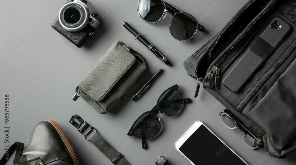 Business travel essentials cell phone, wallet, sunglasses, and other items in man's bag on gray surface Business travel essentials cell phone, wallet, sunglasses, and other items in man's bag on gray surface