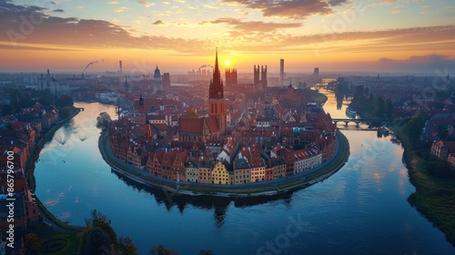 Overhead image of the medieval town of Toruń with its Gothic architecture and the Vistula River