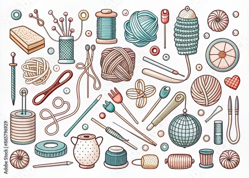 Whimsical hand-drawn linear illustrations of knitting and craft elements, including yarn, needles, pins, buttons, thread, macrame, and sewing tools, ideal for branding and logos. photo