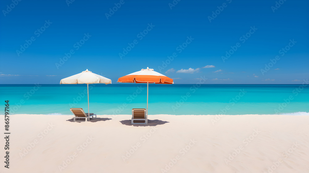 Mesmerizing Aquamarine Seascape: Pristine Beach with Colorful Parasols and Lonely Sailboat Mesmerizing Aquamarine Seascape: Pristine Beach with Colorful Parasols and Lonely Sailboat