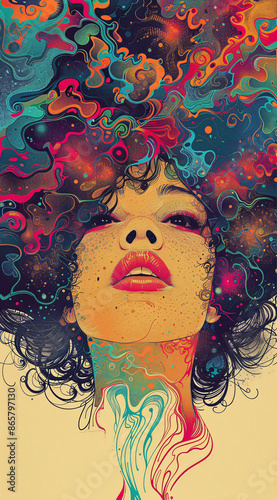 Abstract psychedelic art of woman with colorful galaxy hair.  Surreal digital illustration of female with bright, vivid colors.
