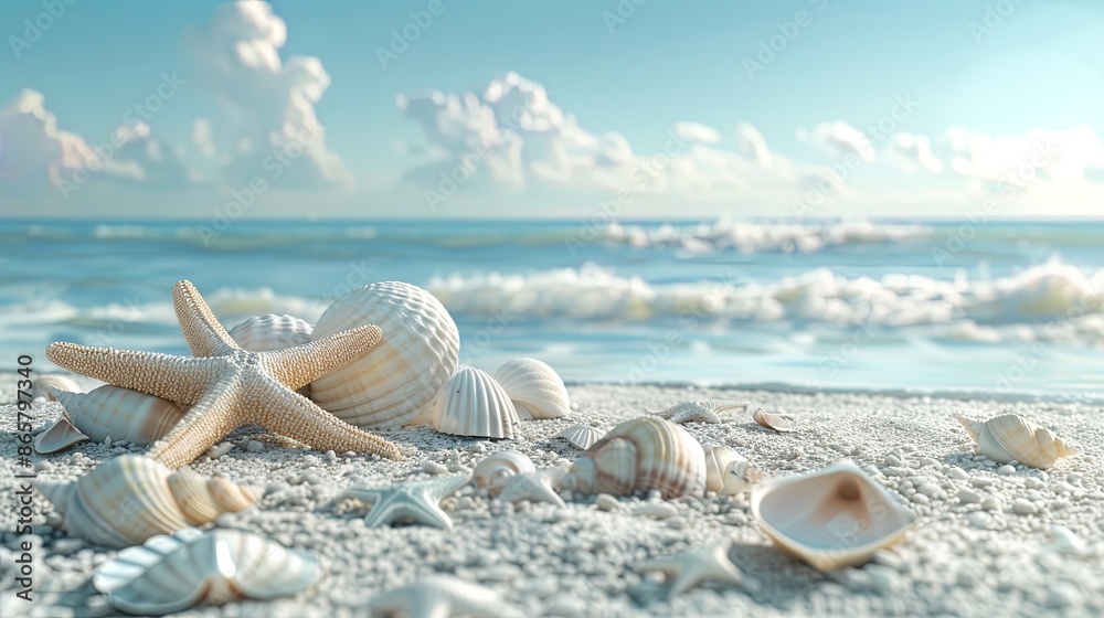 White beach with seashells and starfish, 3d illustration White beach with seashells and starfish, 3d illustration