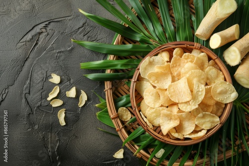 Indonesian cassava chips and tapioca root on tray with palm leaves Top view spicy yucca chips Popular local food with empty space photo