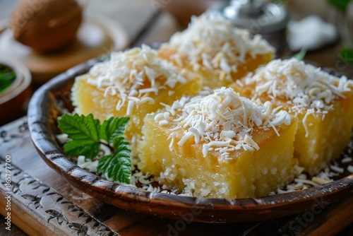 Indonesian getuk cake made from cassava topped with coconut photo